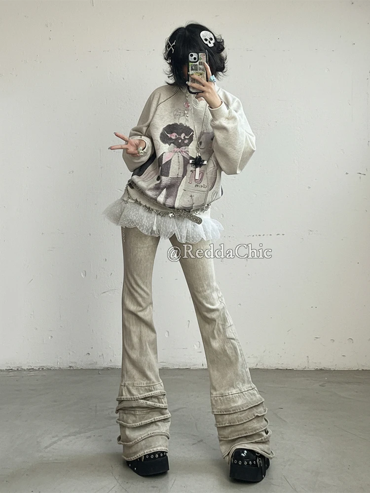 REDDACHiC Women Distressed Y2k Flared Jeans High Waist Ruffle Tiered Bootcut Tight Stretch Denim Pants Vintage Punk Streetwear