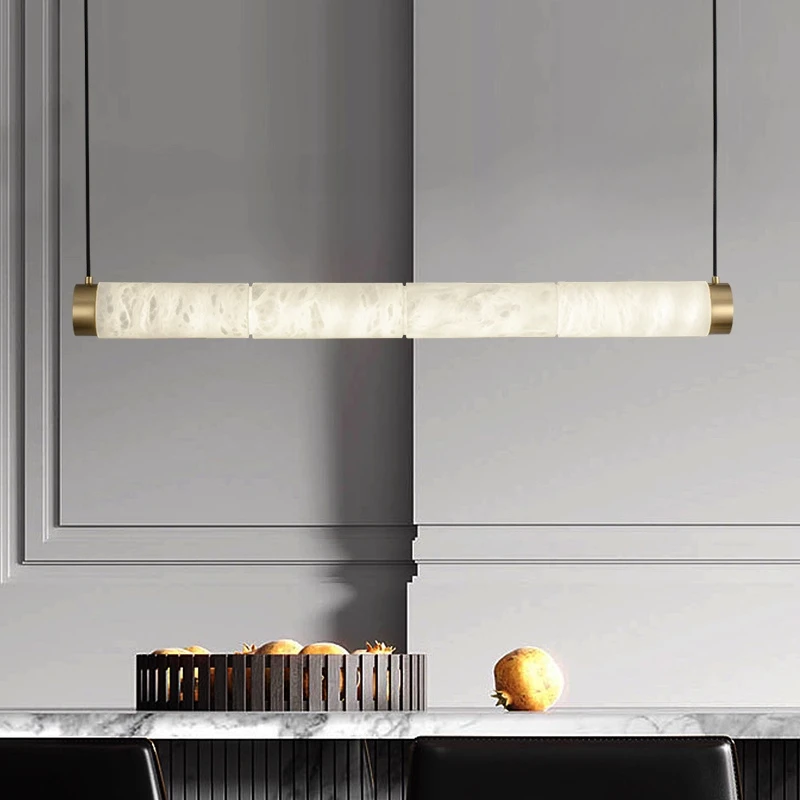 All-copper Marble Dining Room Pendant Lamp Simple Alabaster One-line Long Strip Lamp Bar Counter and Living Room Pendant Lamp