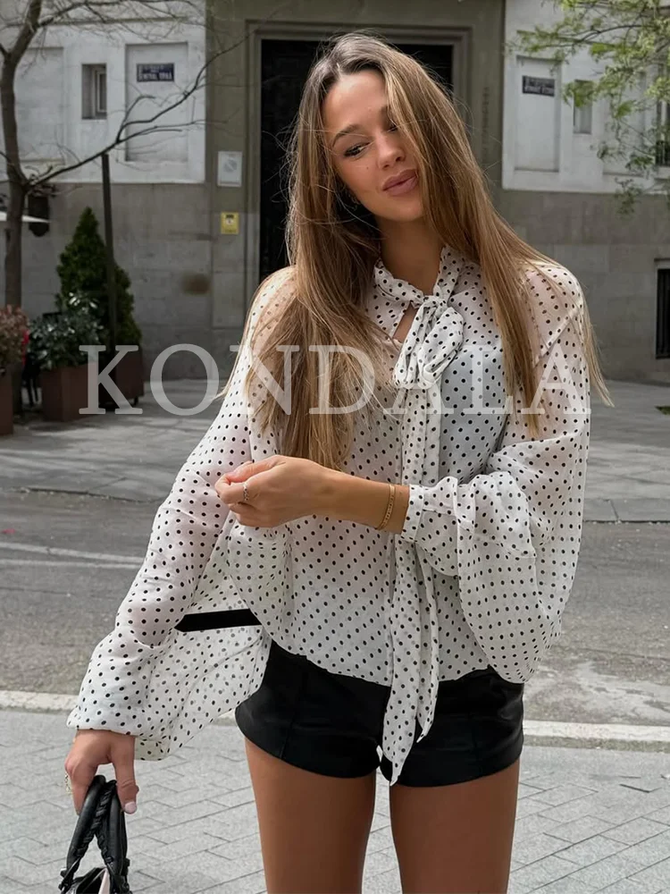 Chemisier en mousseline à pois tendance KONDALA pour femme, élégant, col à nœud, translucide, collection Printemps-Été 2026, chemise décontractée pour femme