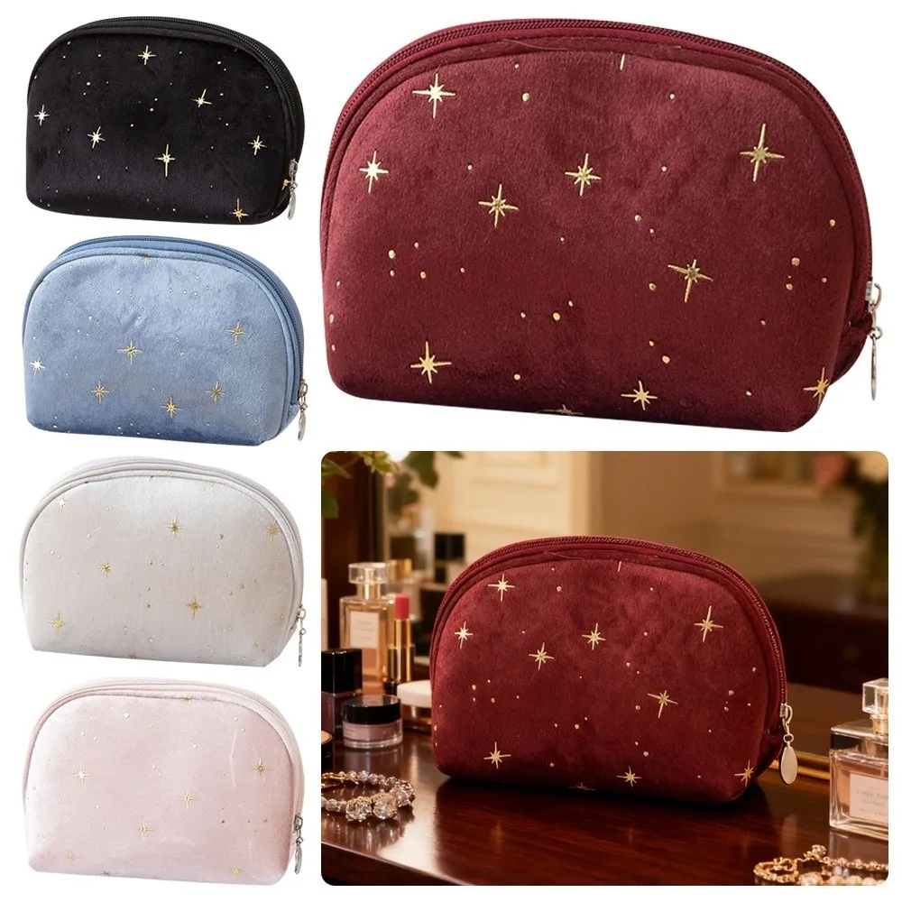 Large Capacity Women Toiletry Bag Portable Soft Velvet Beauty Case Pouch Hot Stamping Star Pattern Cosmetic Bag