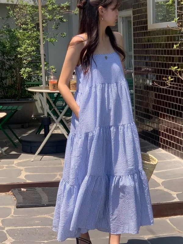 Vestido Envolvente t Azul Chique F Verão Novo Estilo de Férias Colete em Camadas Saia Longa E Casual Max...