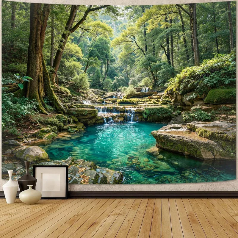 Zussun Natural Forest Tapestry Green Tree Wall Tapestry Bedroom Aesthetic Plant Stream Pool Landscape Small Tapestry Wall Hangin