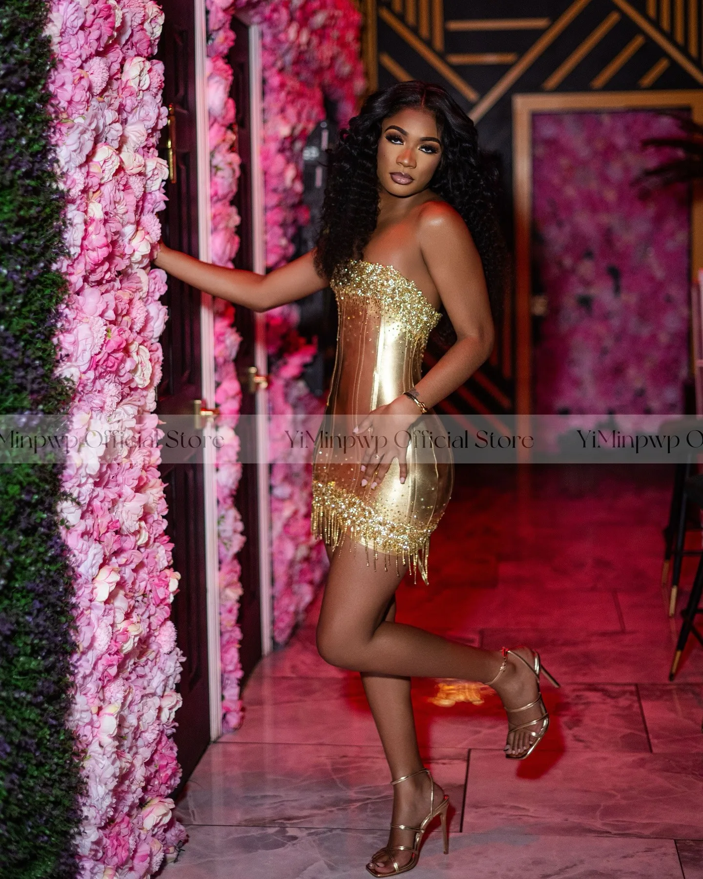 Gold Leather Mini Cocktail Dress for Black Girls Strapless Corset Crystal Tassel Women Birthday Party Night Club Dress Customize