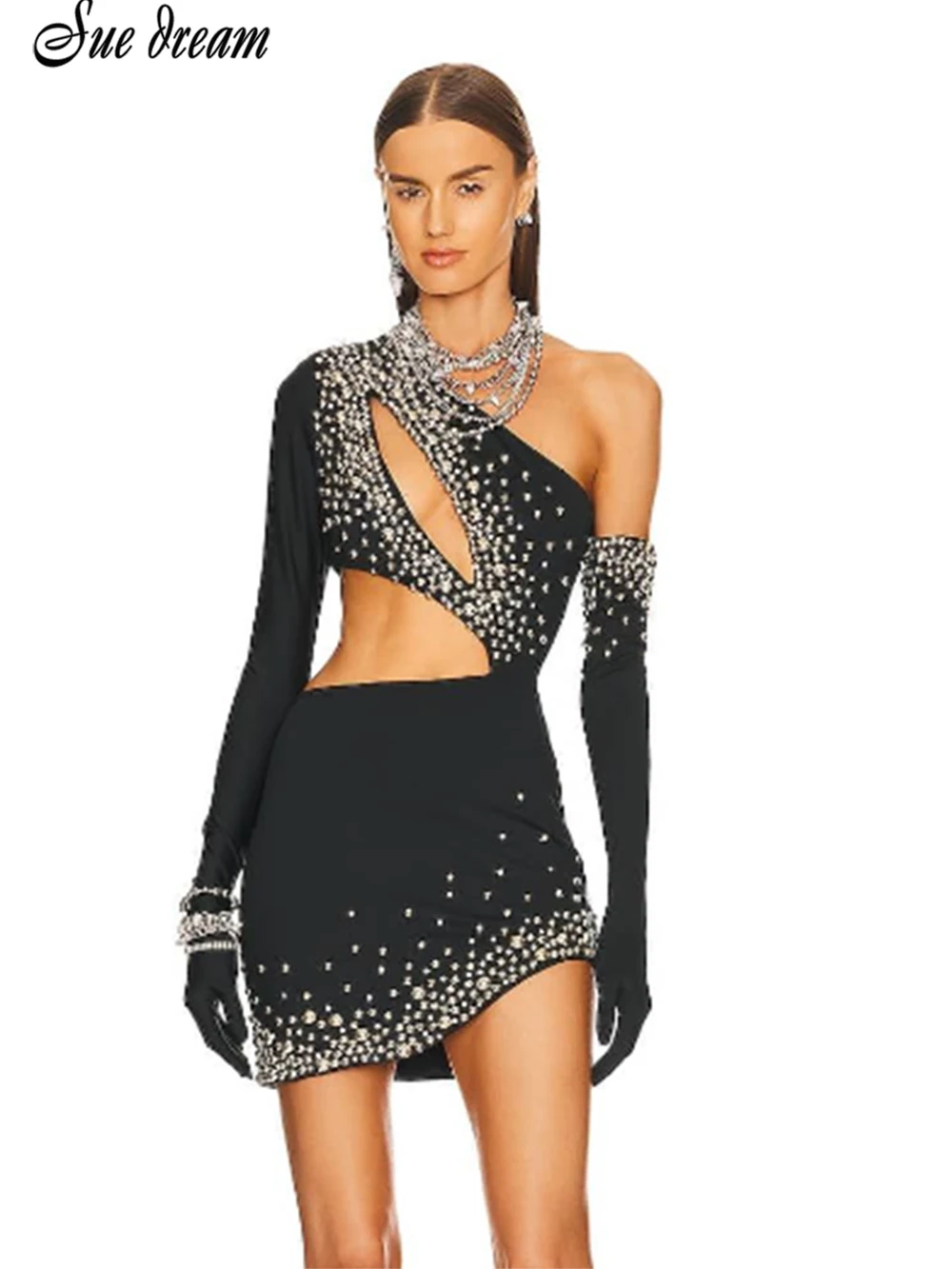 

Black Sexy Women's One Shoulder Long Sleeve Hollow Out Beaded Glove Bandage Mini Dress Bodycon Celebrity Party Evening Dress