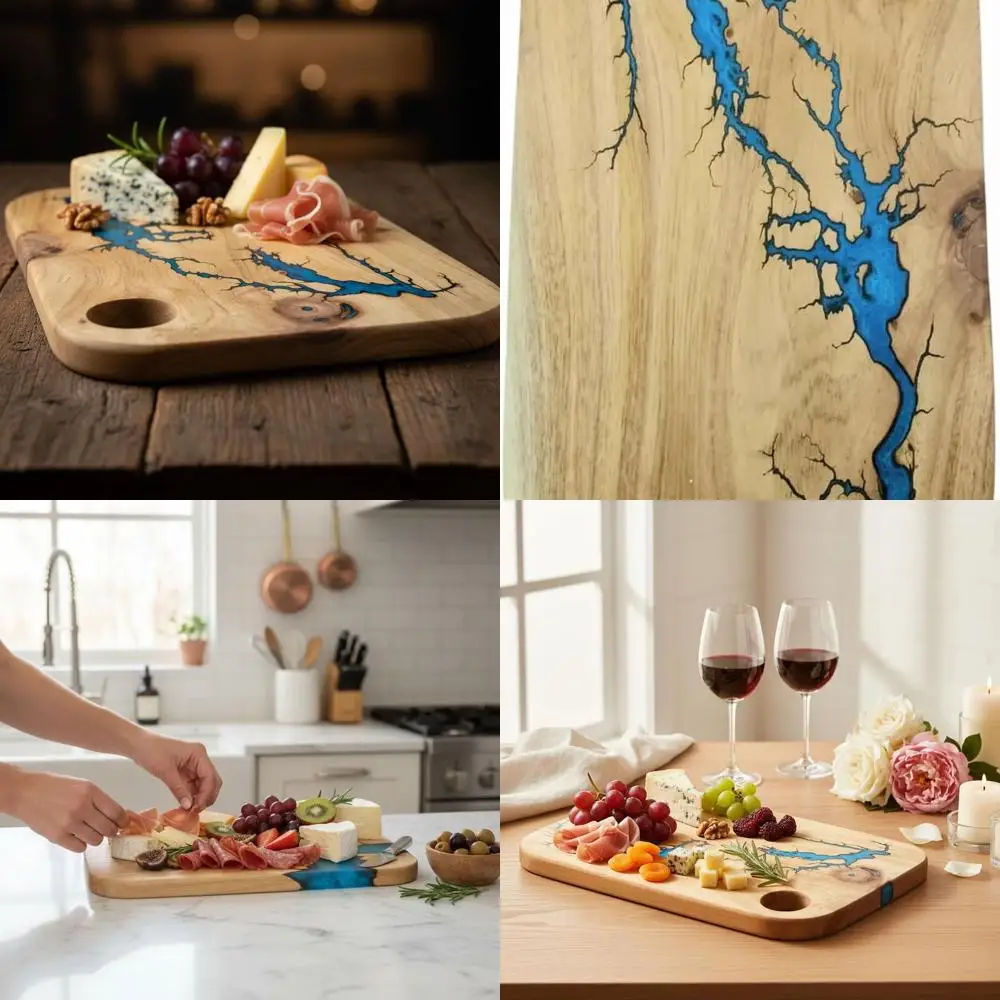 

Handcrafted Acacia Wood Charcuterie Board, 16x10.5 Inches, Fractal Burn Lightning Pattern Serving Tray