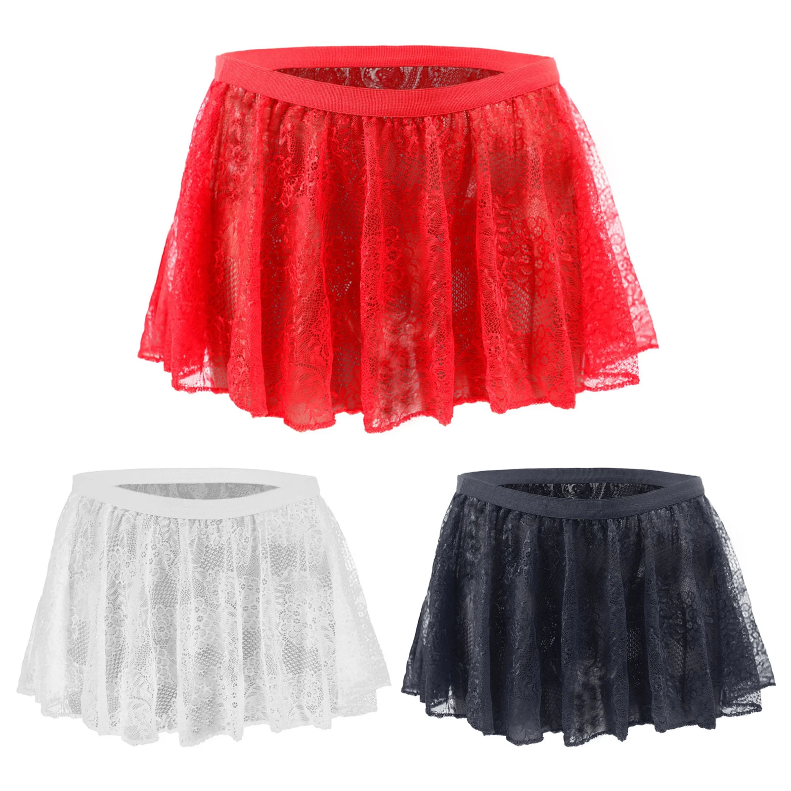 Men Lingerie Sissy Underwear Hollow Out Lace Skirted Nightwear Low Rise Elastic Waistband Mini Skirts Cross-Dressing Clothes Man