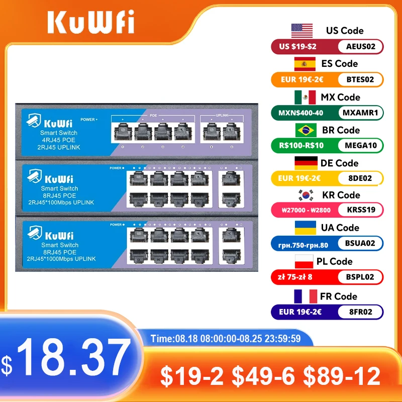 

KuWFi POE Switch 4/8 Ports 100Mbps Network Ethernet Switch with Fast RJ45 POE & Uplink Port for IP camera/Wireless AP