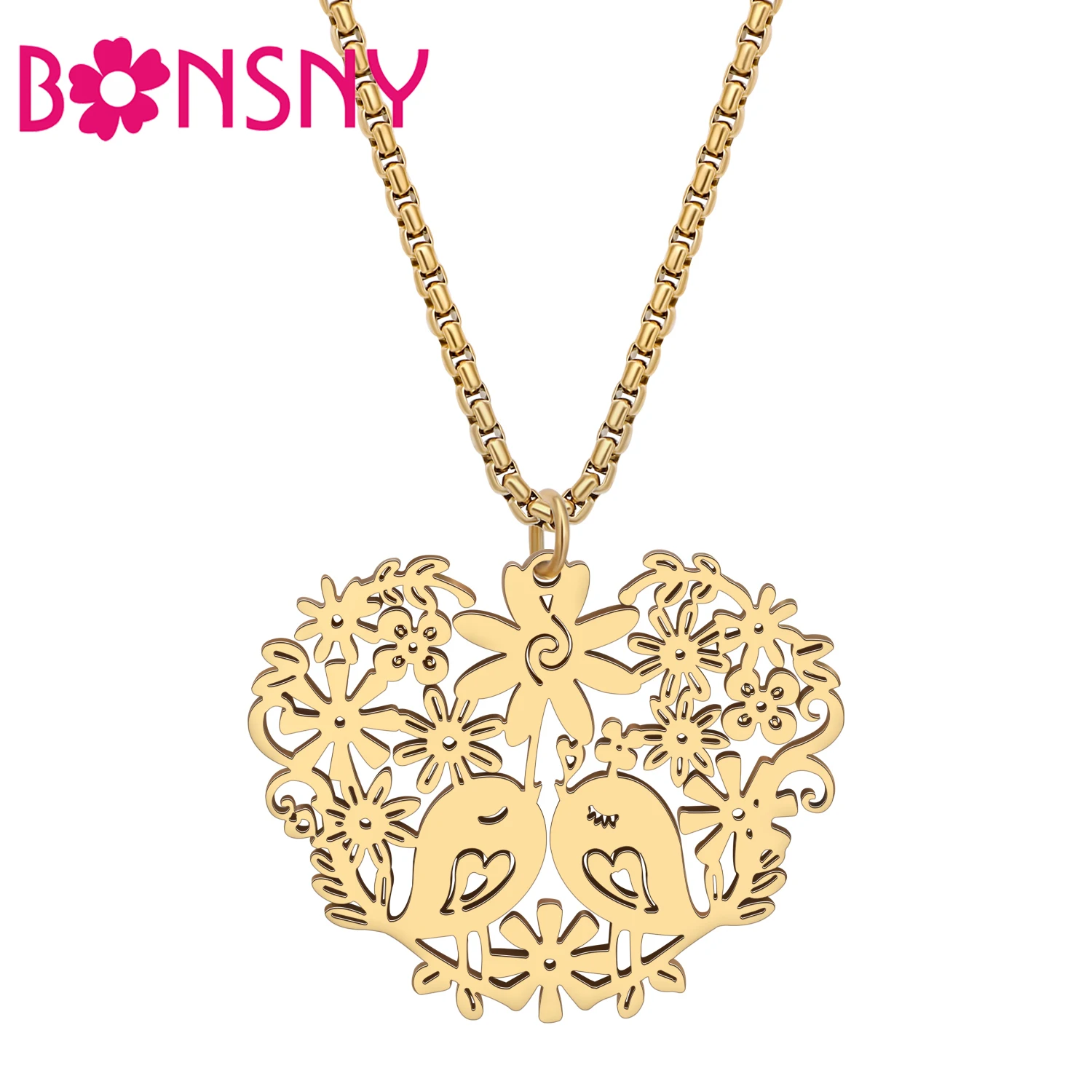

Bonsny Valentine's Day Stainless Steel Cute Lovebird Necklace 18K Gold Silver Plated Pendant Romantic Jewelry For Women Wife