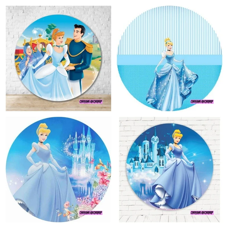 Dreamy Magic Castle Cinderella Round Backdrops Blue Dress Blonde Princess Circle Background Girls Birthday Table Banner Covers