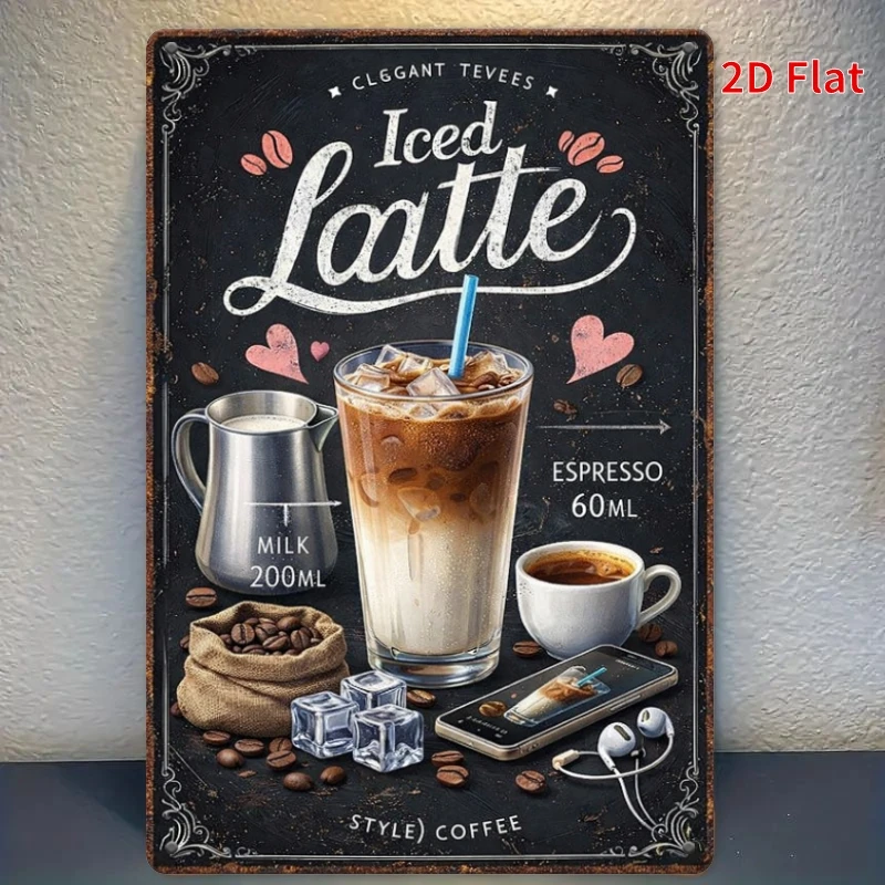 2D Flat, [2Dflat]1pcs 30x20cm- Vintage Iced Latte Sign, Retro Recipe Metal Wall Art, Decorative Signs for Cafe, Kitchen, Bar,