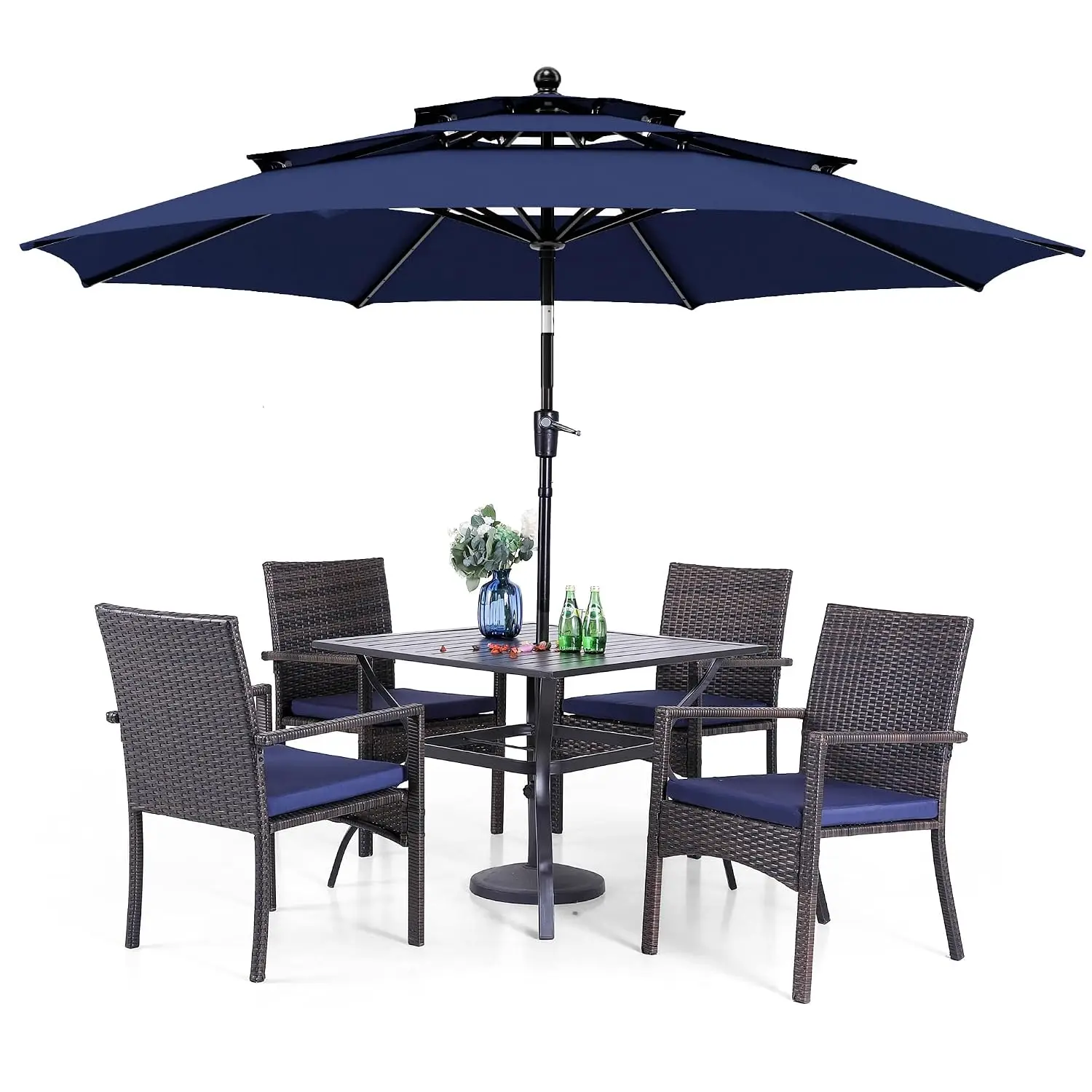 5pc Patio Dining Set with 10ft Blue Umbrella, 4 Rattan Chairs | 37" Square Metal Table, Cushioned Wicker Chairs,, Customized