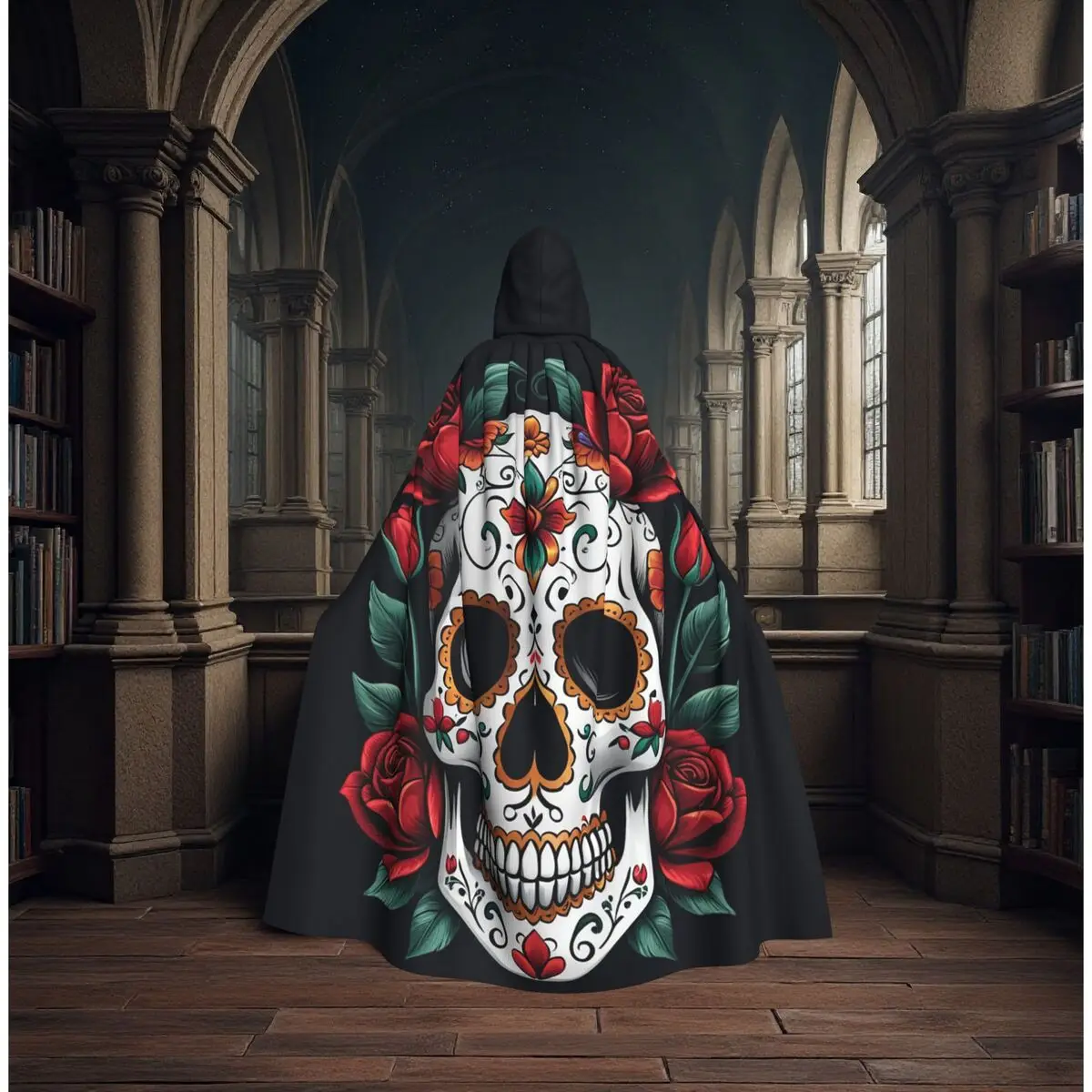 

Floral Sugar Skull Pattern Long Hooded Cloak Witch Medieval Costume Cosplay Cape HalloweenCoat Adult Unisex