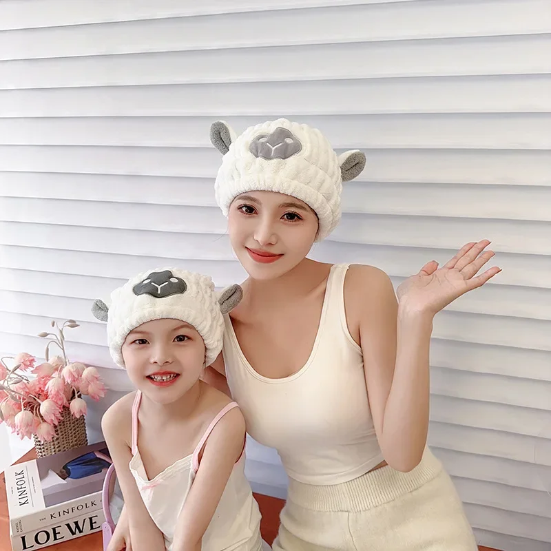 Dry hair cap wholesale coral fleece cartoon lamb absorbent dry hair cap parent-child absorbent shower cap