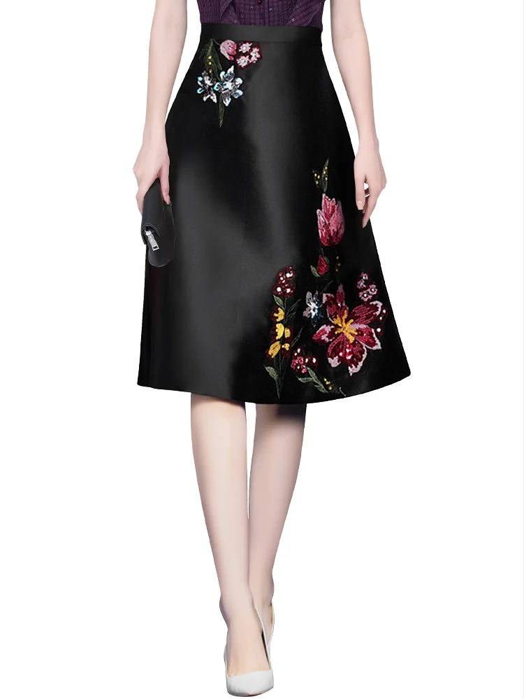 Vintage Black Embroidered Skirt Women Autumn New High Waist A-line Mid-length Soft Satin Skirts