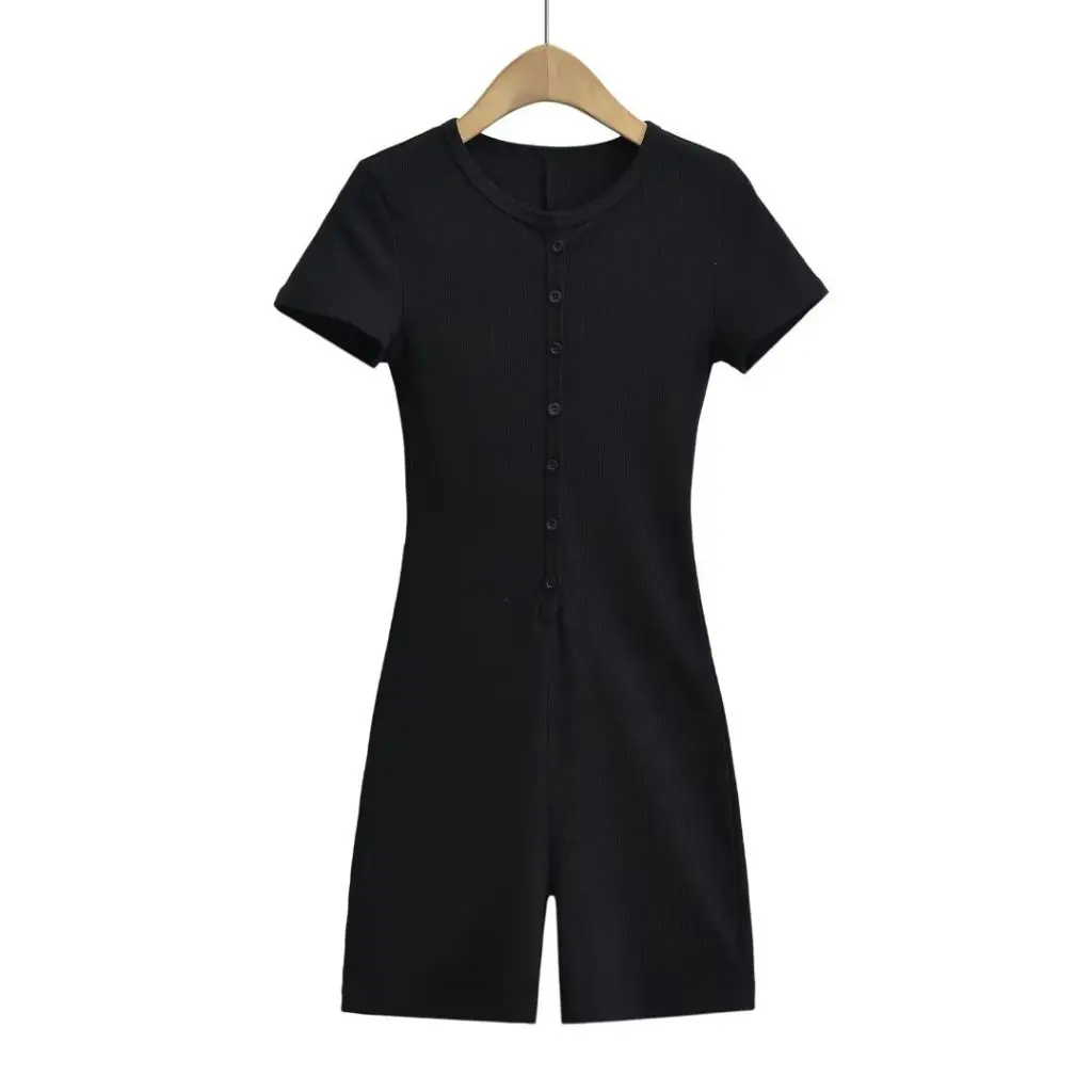 

Women's Slim Fit Short-Sleeved Jumpsuit round Neck Hip-Hugging Elastic Waist Single-Breasted American Style Summer New Arrival