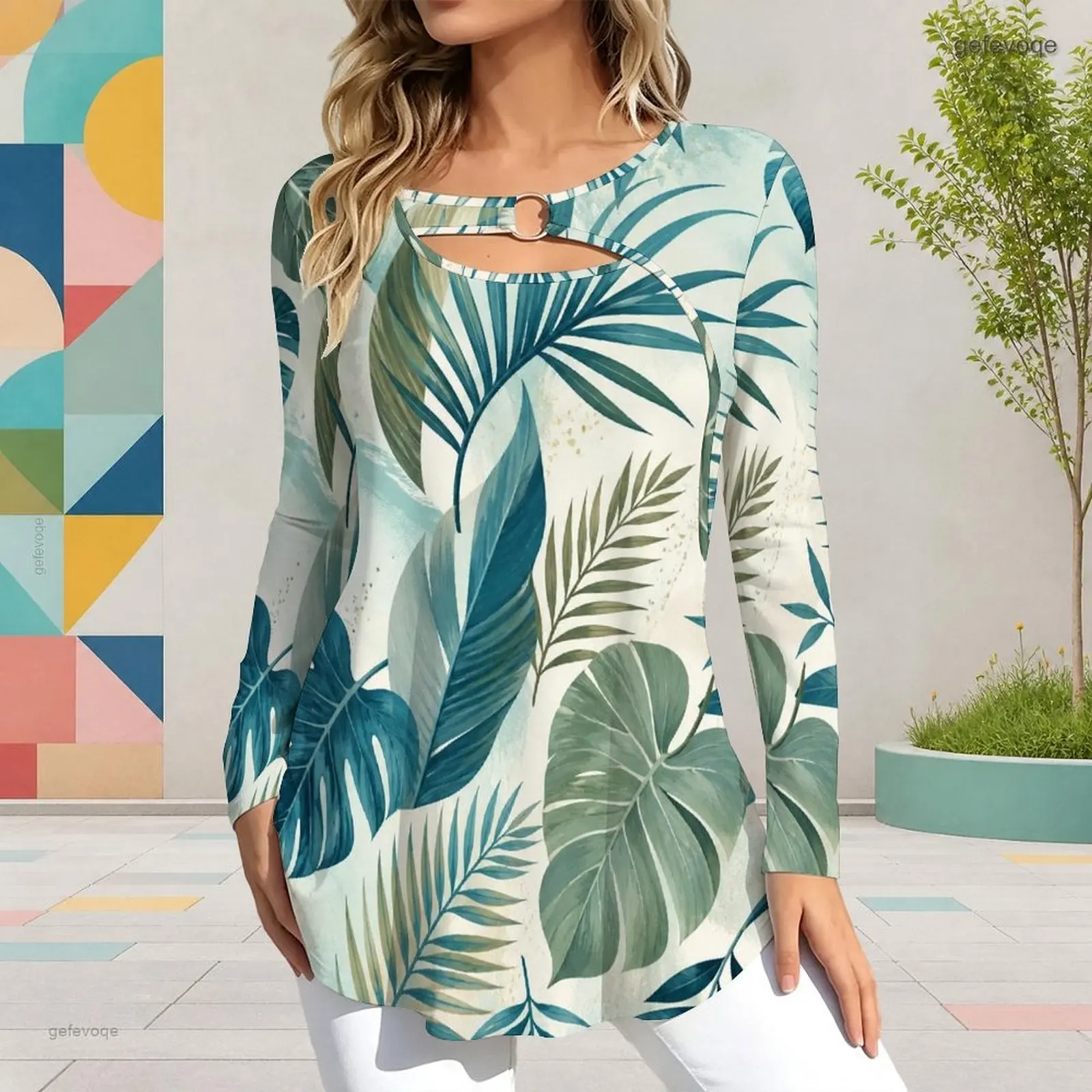 Women Printed Top Keyhole Ring Neck Long Sleeve Flared Hem