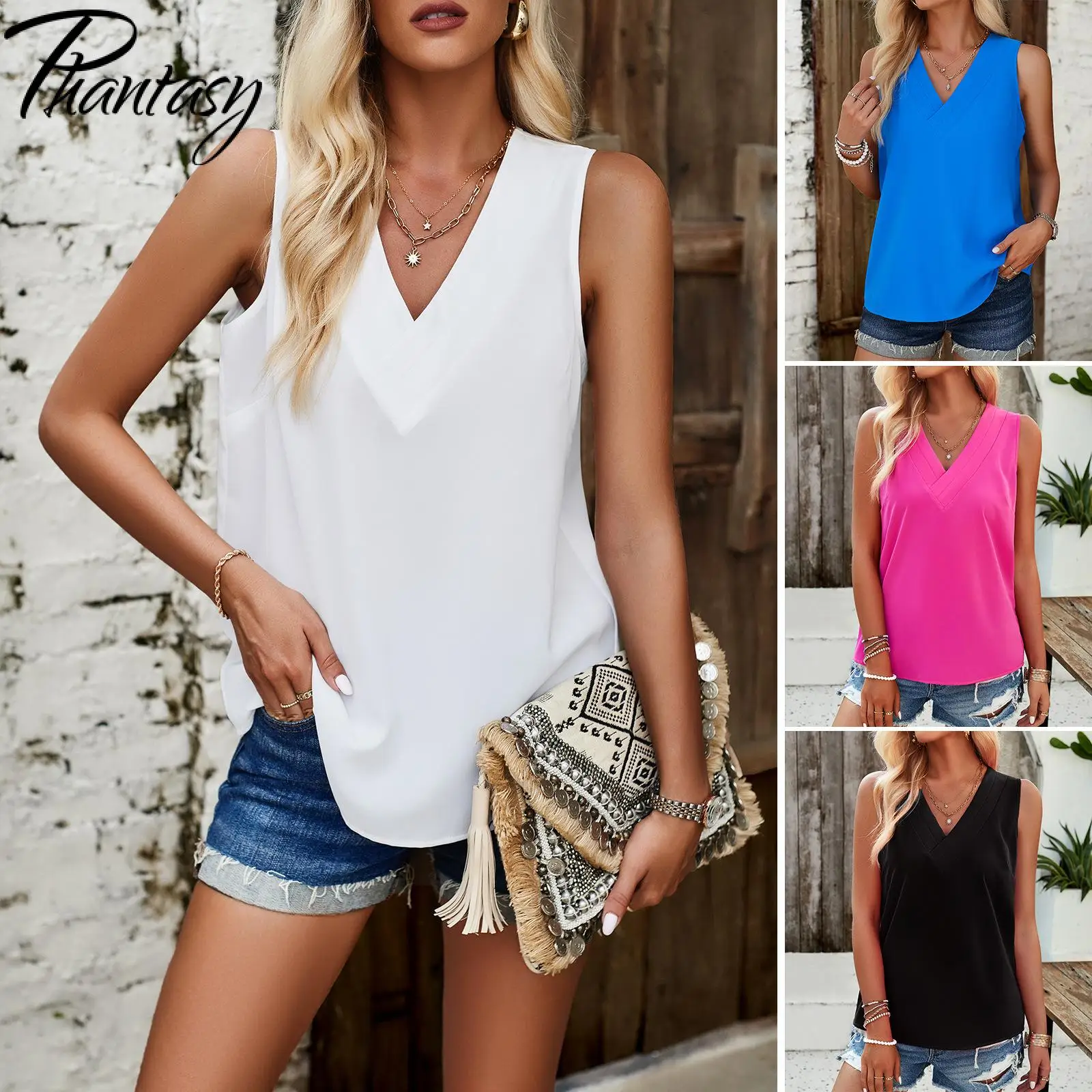 Phantasy Women Casual Fashion Top Summer Sleeveless Temperament Vest Girl V-Neck Solid Color Commuting Loose Tops Clothes