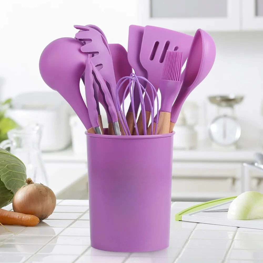 #For 12-Piece Silicone Kitchen Accessories Cooking Tools Kitchenware Cocina Silicone Kitchenware with Wooden Handle