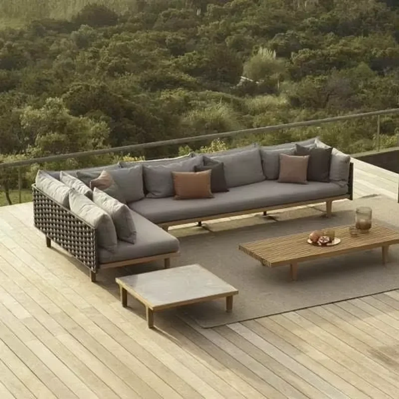 Handmade Hotel Garden Furniture Rope Outdoor Lounge Set Patio Furniture Couch Teak Wood Frame Sofa