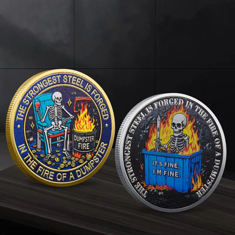 5pcs Funny Dumpster Fire Challenge Coins Gothic Commemorative Coin The Strongest Steel is Forged in The Fire of A Dumpster Gifts