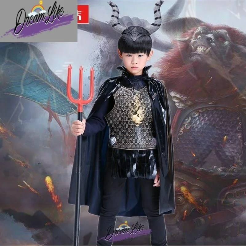 

loween Costume Children's Performance Props Devil Dr-Up Cape Horns Tee-pronged Cloak Set Women's Faion Stage Wear