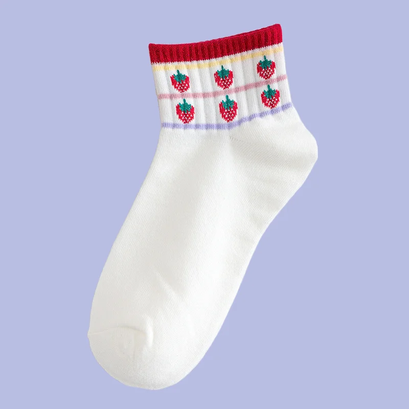 5/10 Pairs Women's Socks College Style Cartoon Middle-Tube Solid Color Personality Japanese Cute Strawberry Socks Short Socks