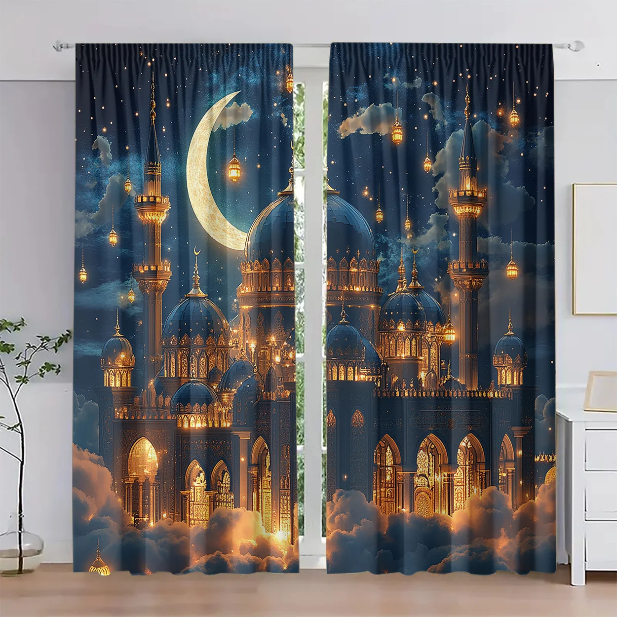 2pcs Art Deco Crescent Moon Mosque Print Light-Filtering Curtains, Polyester Peach Skin Velvet, Machine Washable, Fade Resistant