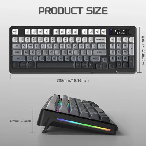 Imagen 2 del producto Teclado inalámbrico para juegos FREEWOLF M95 M96, Control de perilla BT/2,4g, pantalla de retroiluminación LED RGB, tecla Pbt, batería de 3000mah, diseño de EE. UU.