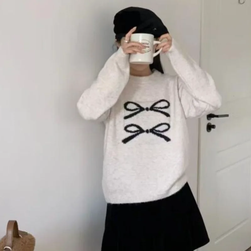 

New Knitted Bow Pullover Soft Acrylic Blend Women's Sweater Korean Style Loose Fit Round Neck Thickened Cotton Knit Sweater