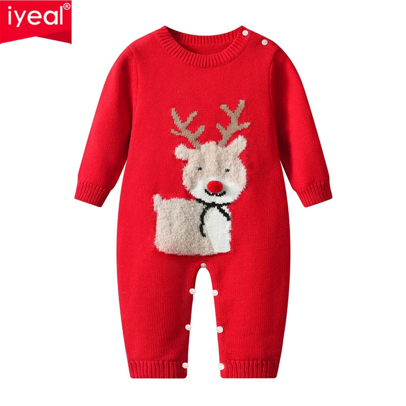 

IYEAL Autumn and Winter New Baby Christmas Deer Sweater Jumpsuit Baby New Year Red Knitted Sweater Baby Cotton Knitted Jumpsuit