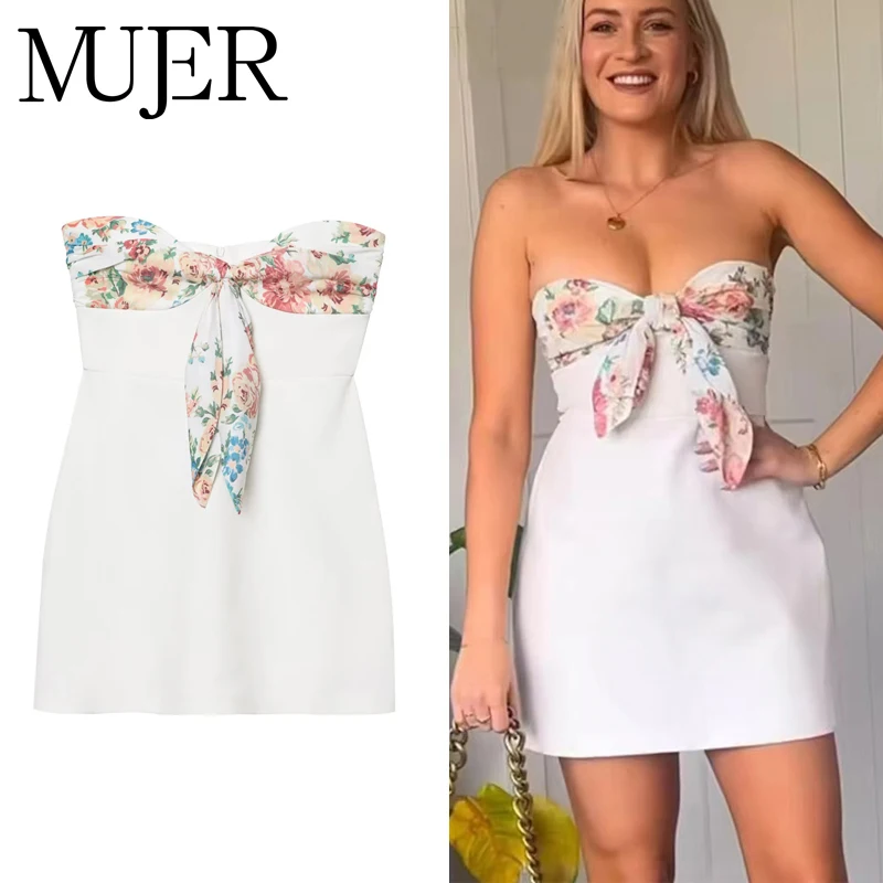MUJER 2025 Sukienka damska z odkrytymi ramionami Krótkie sukienki dla kobiet Sukienki imprezowe z nadrukiem Szal Damska letnia sukienka mini bez pleców Damska