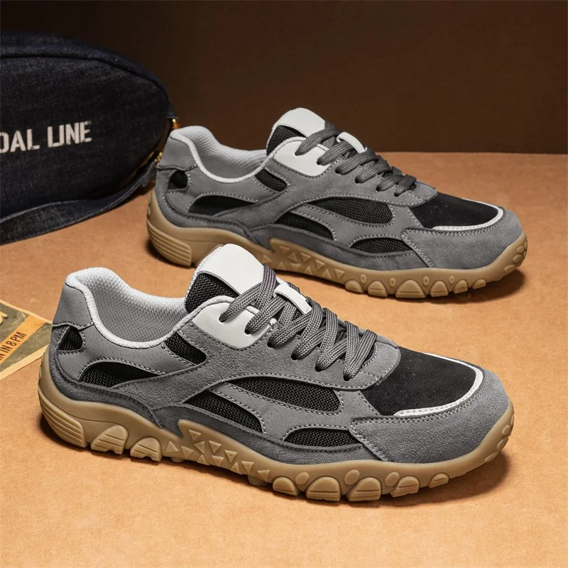 Autumn Men Retro Hiking Shoes Suede Mesh Casual Sneakers Non‑Slip Wear‑Resistant Sport Shoes Outdoor Male Trekking Walking Shoes