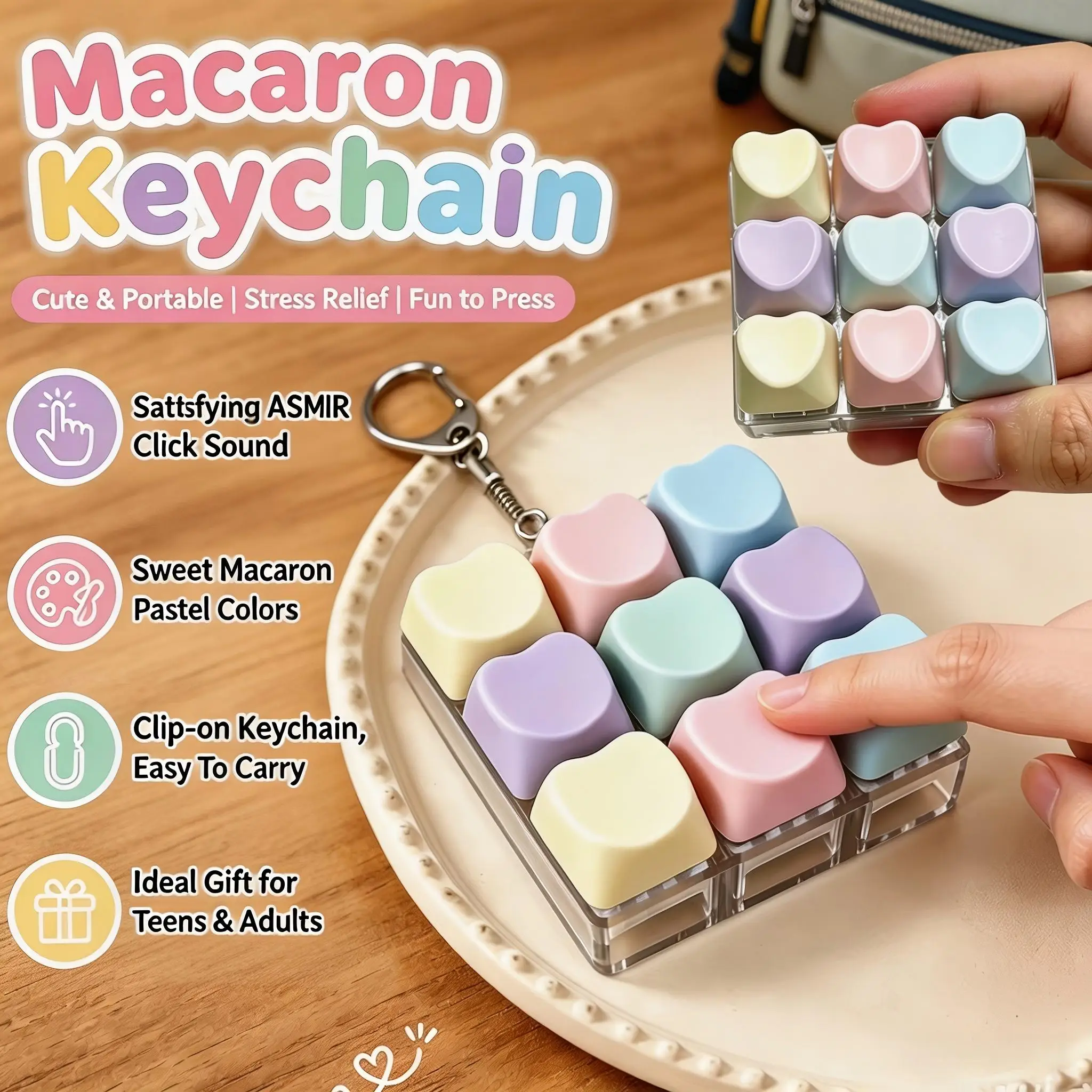 Macaron Heart Shaped 9 Keys Fidget Keyboard Clicker Keychain ASMR Crisp Click Sound Stress Anxiety Relief Portable Sensory Toy
