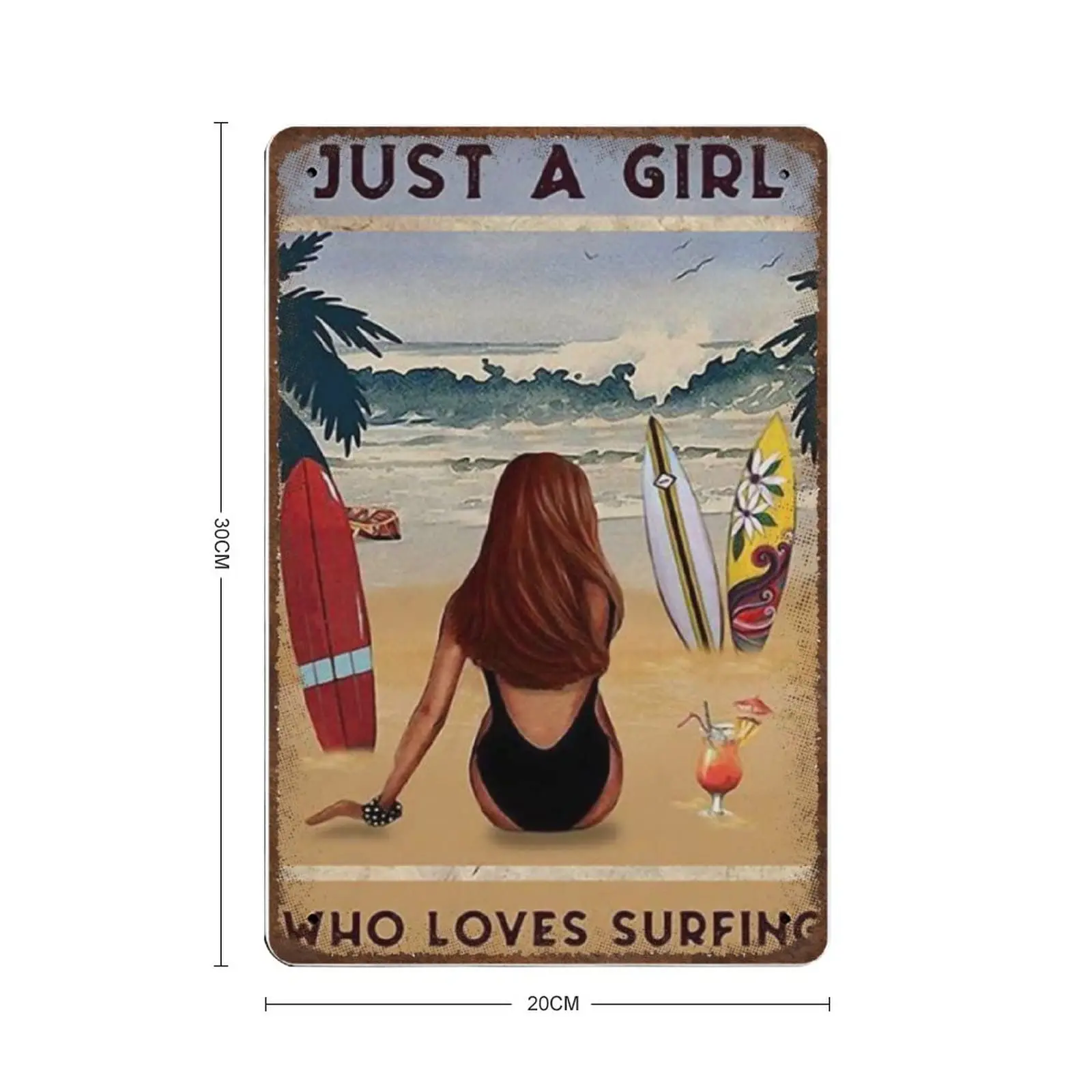 Retro Thick Metal Tin Sign-Just A Girl Who Loves Surfing Sign -Novelty Posters，Home Decor Wall Art，Funny Signs for Home/Kitchen/