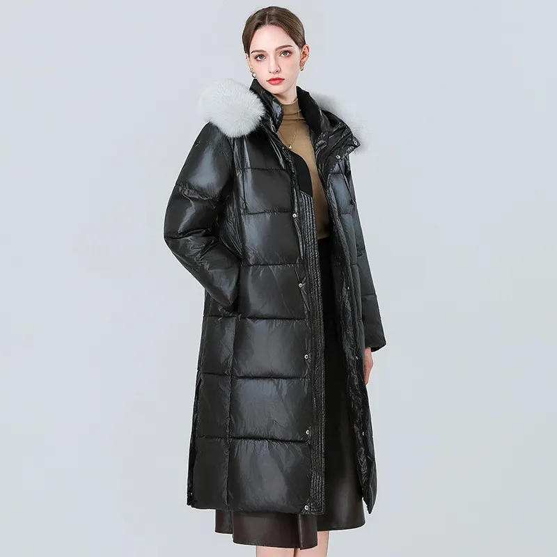 Women's Down and Parkas Coat Black Long Length Hooded Fur Collar Loose Fit Zipper Pocket Solid Color Plus Size Long Sleeve