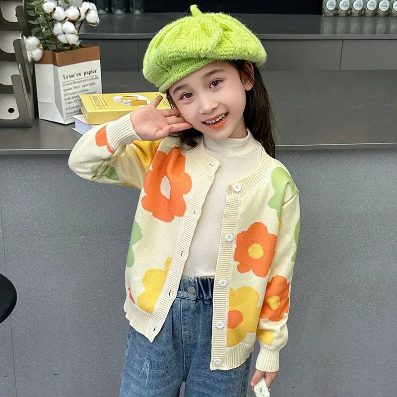 

Кардиган на флисовой подкладке с цветочным принтом для маленьких девочек — сезонная детская вязаная куртка весны/осень с цветочным узором