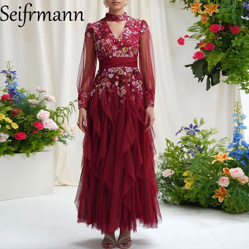 Seifrmann Mode Damen Kleid Stehkragen Mesh Langarm Vintage Stickerei Volants Rand Spleißen Hohe Taille Kleider