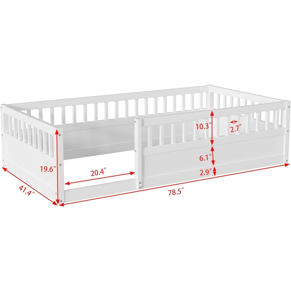 Cama de chão montessori de tamanho duplo, estrutura de casa de brincar de madeira maciça com cerca alta de segurança para crianças, meninas, meninos, quarto