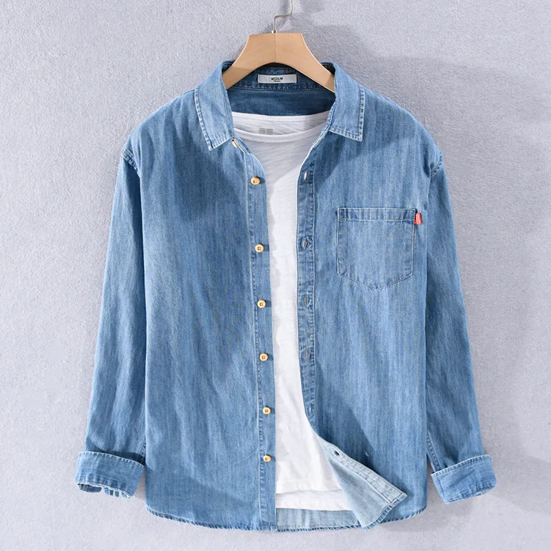 Light Blue Cotton Denim Shirt Jacket Men's Long Sleeve Thin Style Spring Summer Autumn Casual Workwear Loose Fit Youth Fashion