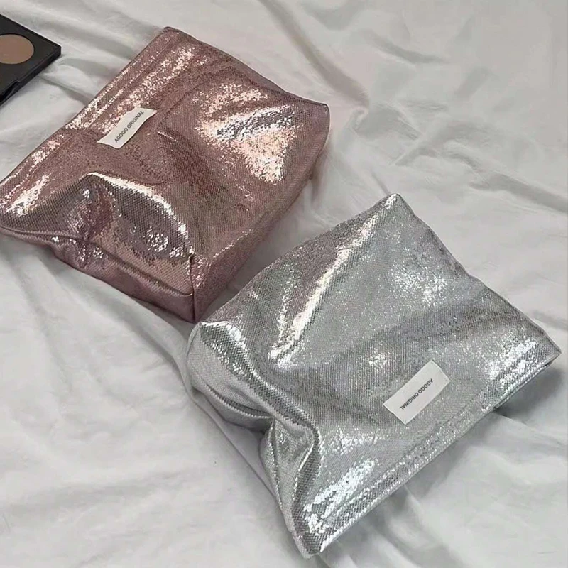 

Silver Champagne Portable Large Capacity Shiny Sequins Cosmetic Bags for Women Toiletries Skincare Storage Bag Make Up Pouch