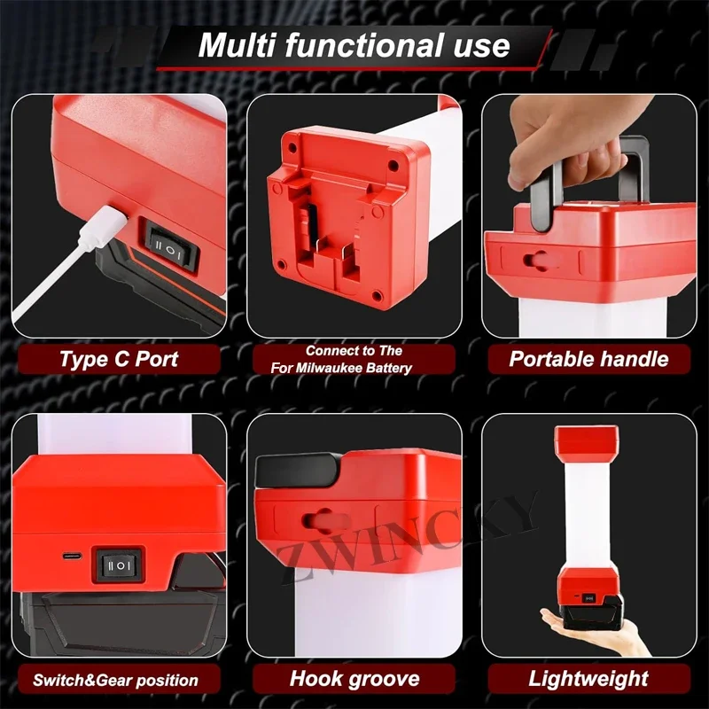 ไฟ LED สําหรับ Milwaukee 18V Li-Ion แบตเตอรี่ไฟ LED ทํางานไฟฉายแบบพกพาโคมไฟน้ําท่วมฉุกเฉิน Camping โคมไฟตกปลากลางแจ้ง