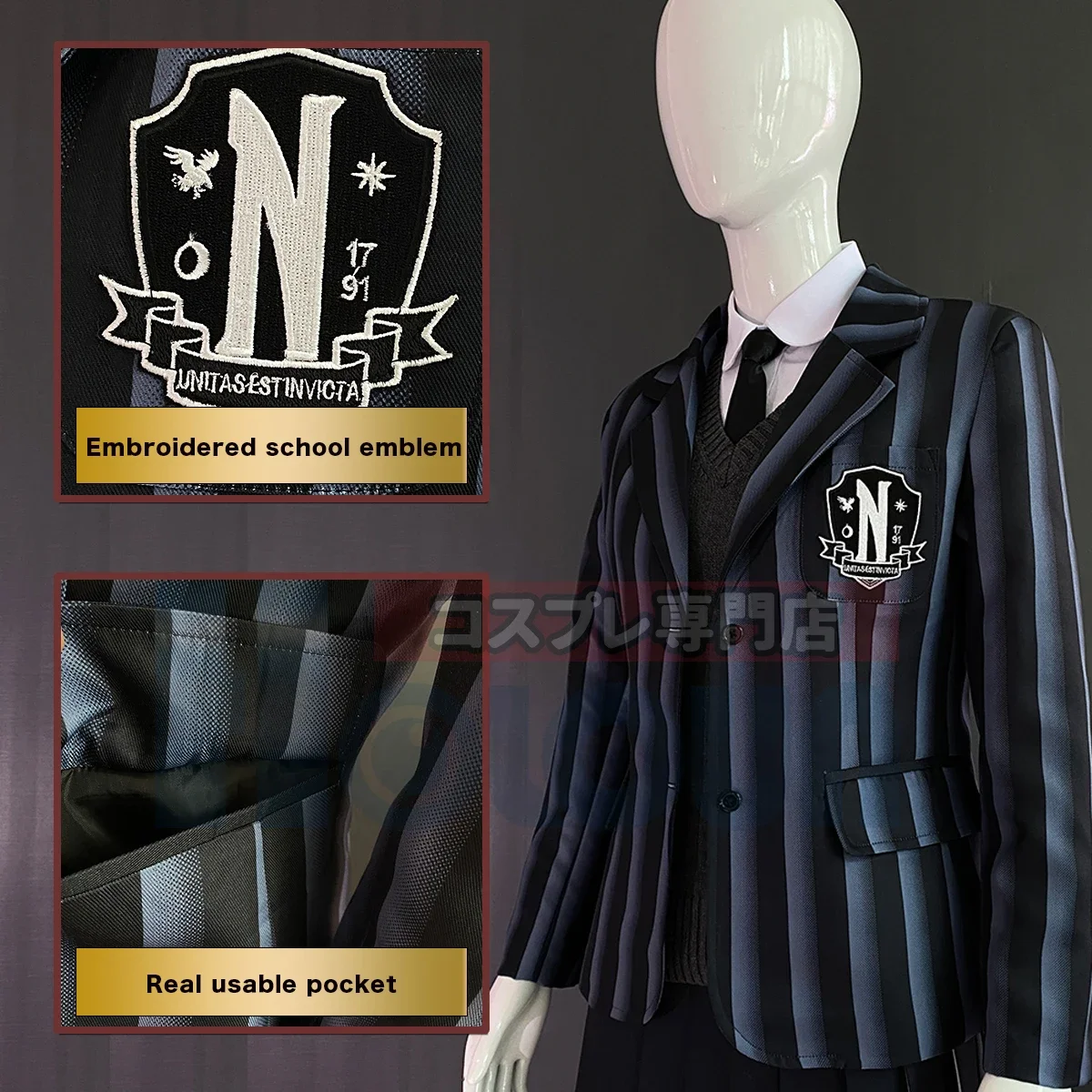 Peluca de disfraz de Cosplay, uniforme escolar Nevermore, vestido, suéter, traje con logotipo bordado, fibra sintética de red rosa