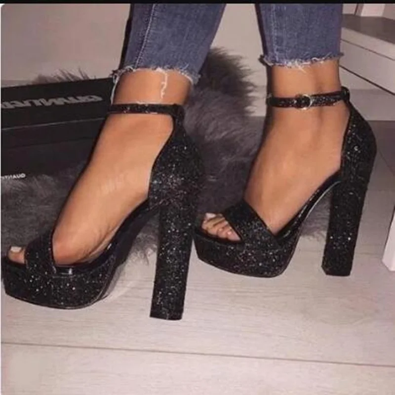 

Sexy Black Sparkle Platform Heels Women Square Heels Sandals Cut-out Peep Toe Ankle Strap Glitter Wedding Shoes Bride Plus Size