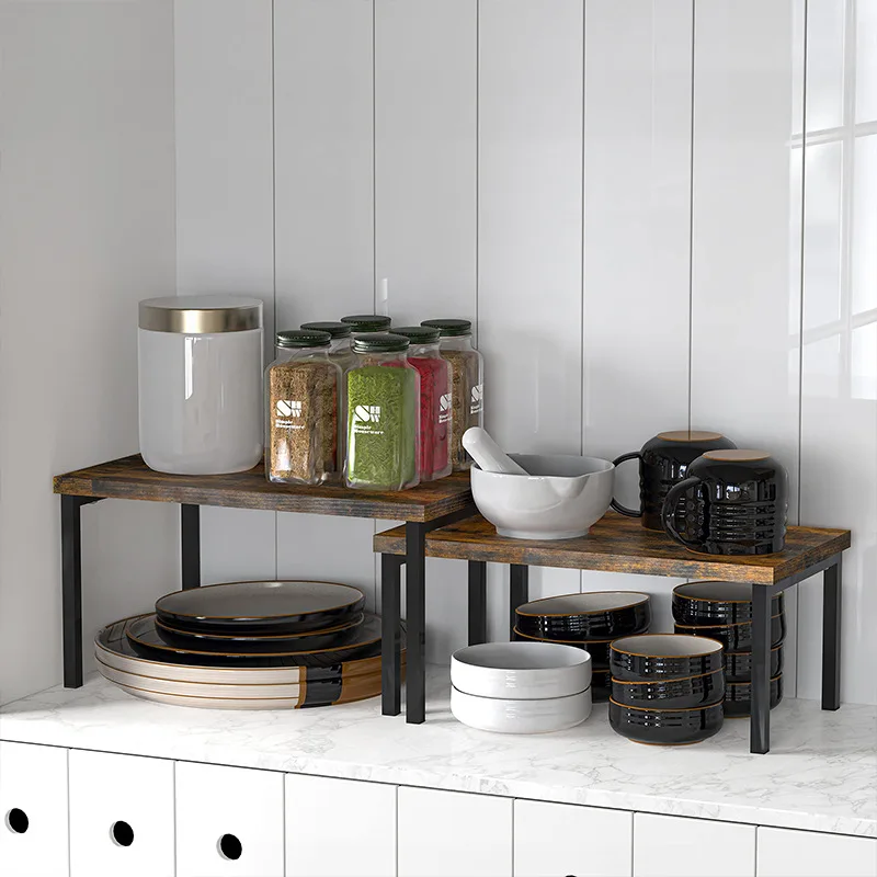 

Расширяемый кухонный органайзер, штабелируемая полка на столешнице для шкафа, деревянная полка для специй, модульные полки для хранения посуды Dishe