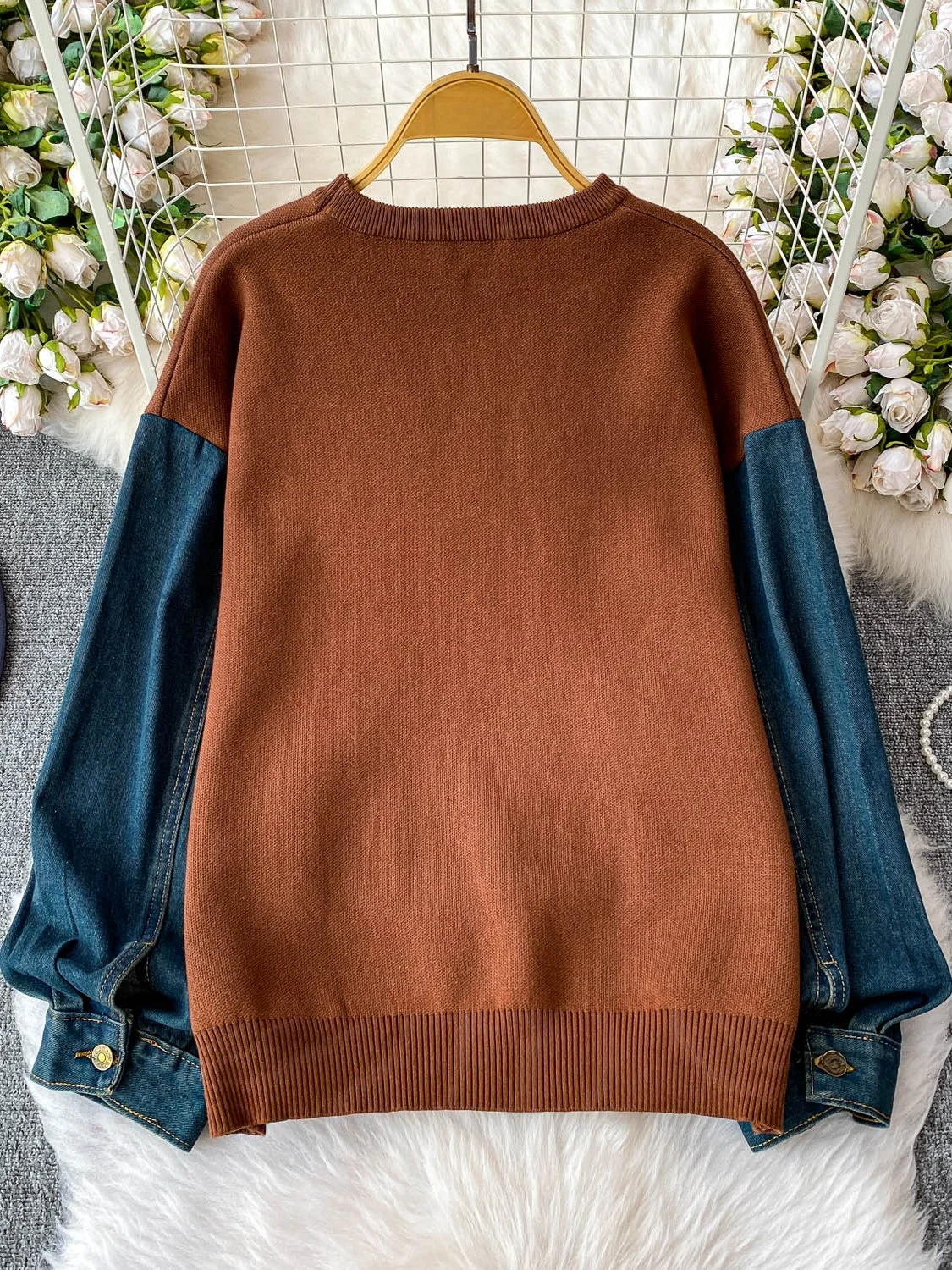 Design Sensation Lange Sve Denim Gebreide Trui Dames Losse Afslankende Top Splicing Glinsterende Kralen Casual Hoodie