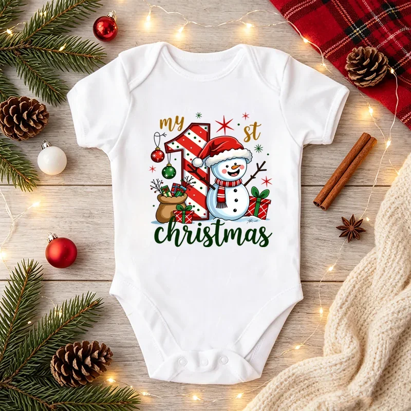 My 1st Christmas Baby Bodysuit Short Sleeve White Cotton Romper Cute Snowman Print Newborn Infant Xmas Onesie New Year Clothes