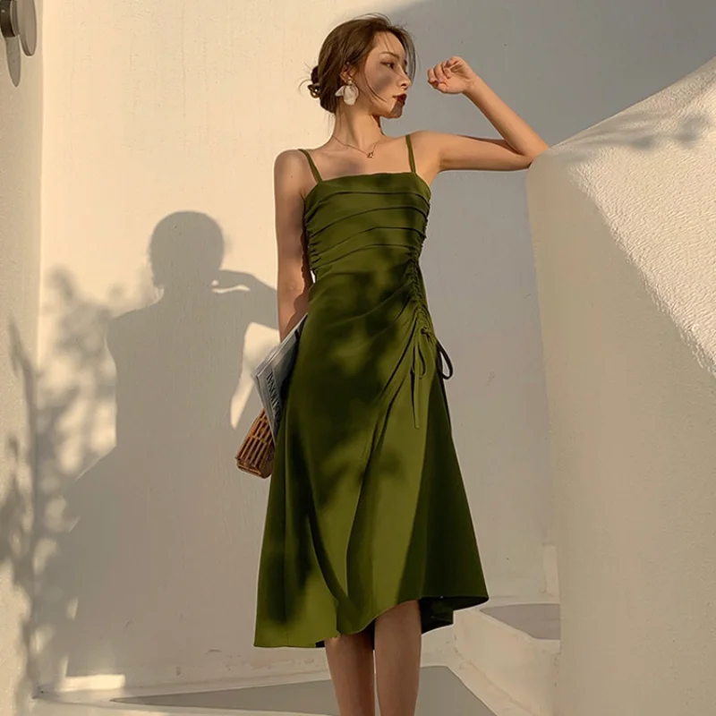 Vestido de tirantes de moda de verano para mujer, vestido de hada verde aguacate, cintura A, con cordón, vestido de vacaciones, vestido de fiesta informal