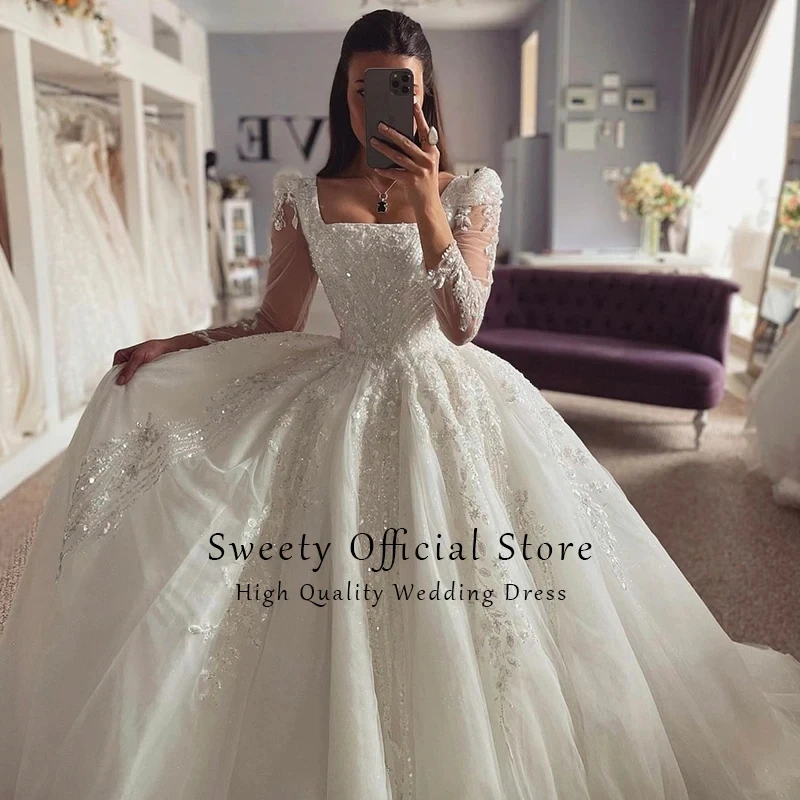 Glitter Wedding Dress Organza With Embroidery Lace Bead Ball Gown Square Collar Full Sleeve Bridal Customized Vestido De Novia