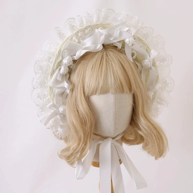 Lolita Florals Flat Straw BNT Bonnet Hat Ribbons Bow Wide Brim CLA Elegan Ruffled Lace Cap Victorian Womens Tea Party Headpiece