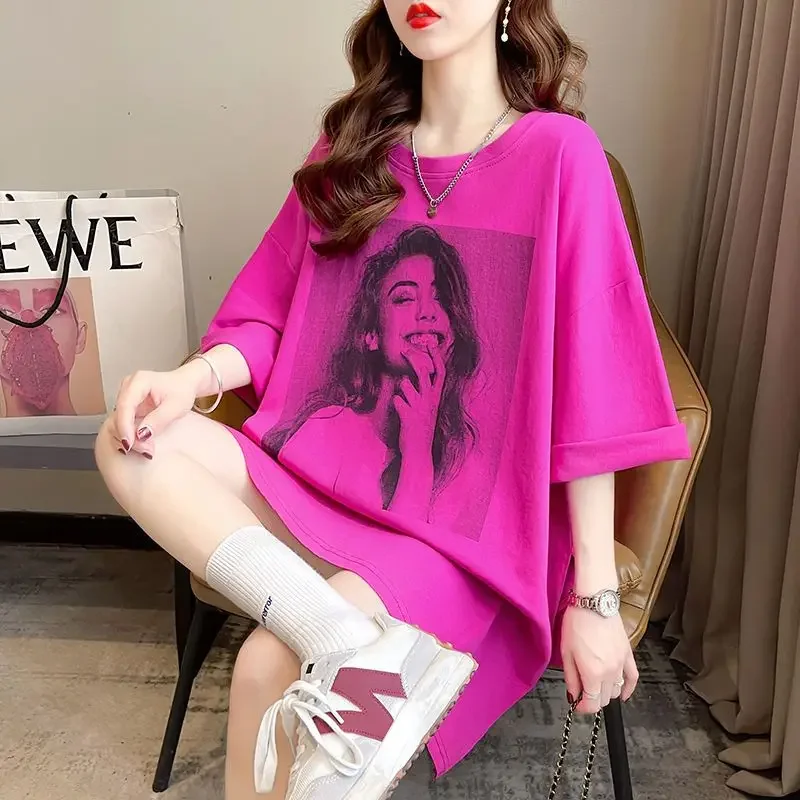 European Large Loose Long Tops Woman Butt Cover Top Trendy Summer Large Split Short Sleeve T-shirt for Women